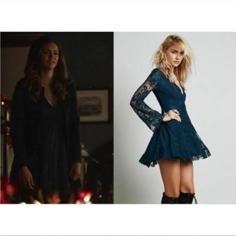 Free People Reign Over Me Dark Blue Damask Brocade Lace Mesh Long Sleeve Dress